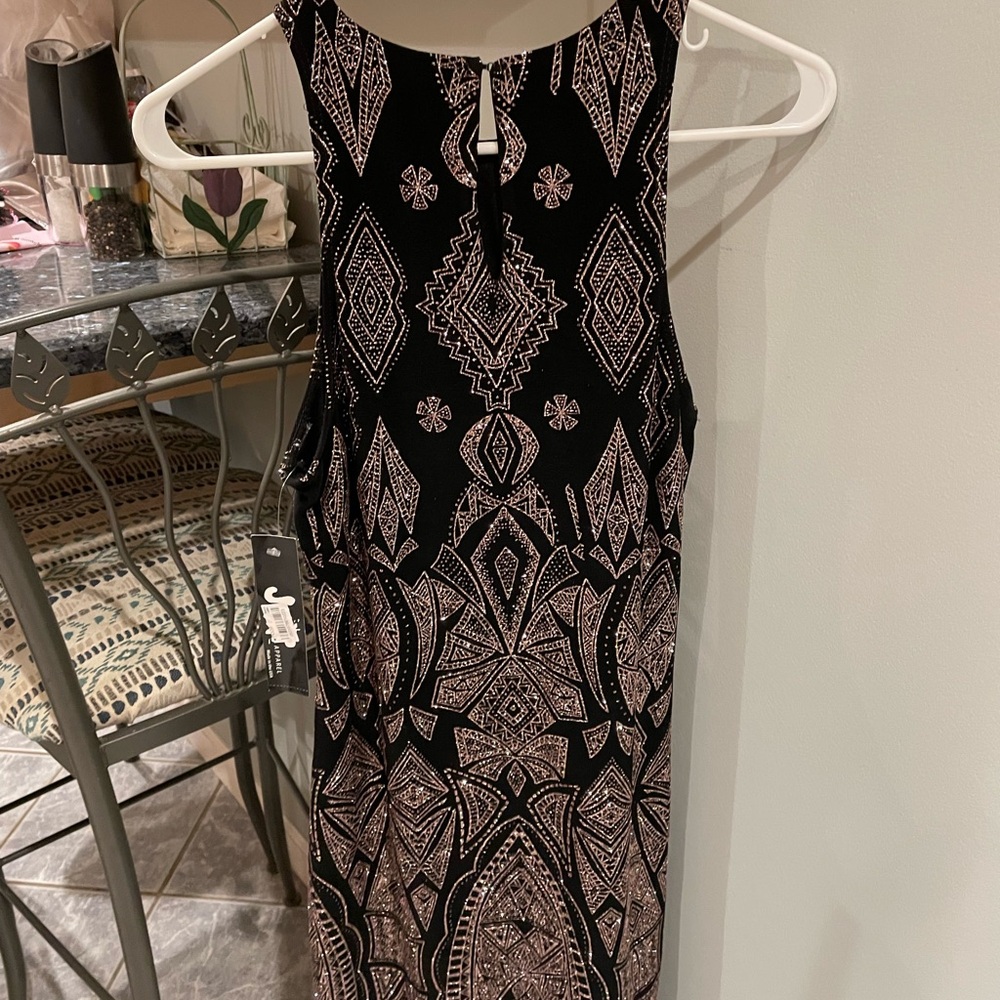 Jump Apparel black & gold party dress size L, high neck cutout.